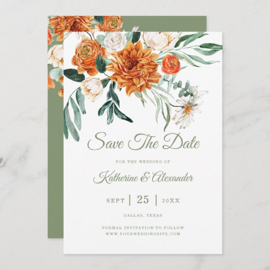 Sage Green Elegant Blumen Orange Foto Hochzeit Save The Date (Vorne/Hinten)
