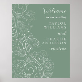 Sage Green Elegant Blumenhochzeit Willkommen Poster