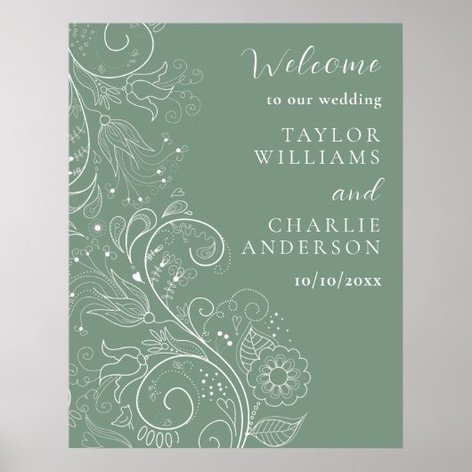 Sage Green Elegant Blumenhochzeit Willkommen Poster (Vorne)