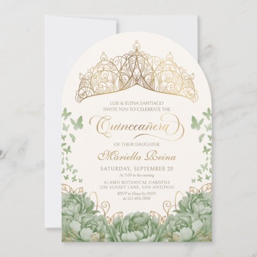 Sage Green Elegant Blumenkronen Quinceanera Einladung (Vorderseite)