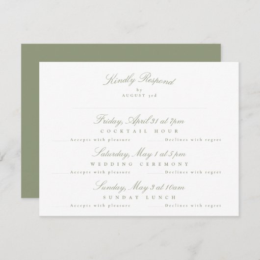 Sage Green Elegant Calligraphy Multi-Event RSVP Karte (Vorne/Hinten)