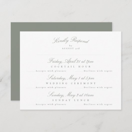 Sage Green Elegant Calligraphy Multi-Event RSVP Karte (Vorne/Hinten)