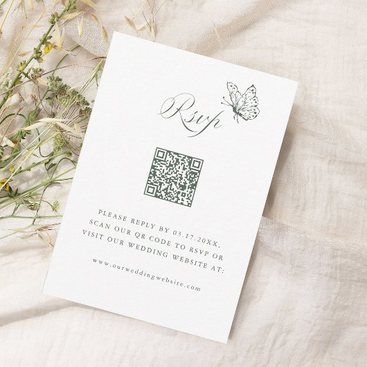 Sage Green Elegant Calligraphy Wedding QR Code RSVP Karte