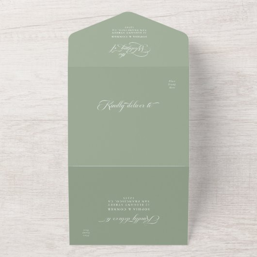 Sage Green Elegant Classy Calligraphy Wedding All In One Einladung (Außenbereich)