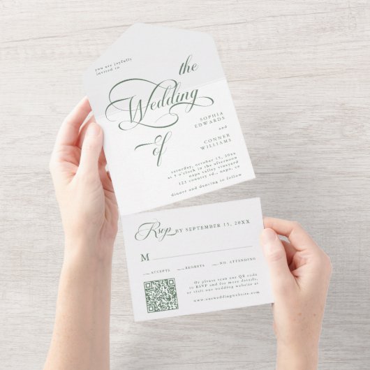 Sage Green Elegant Classy Calligraphy Wedding All In One Einladung (Abreißen)