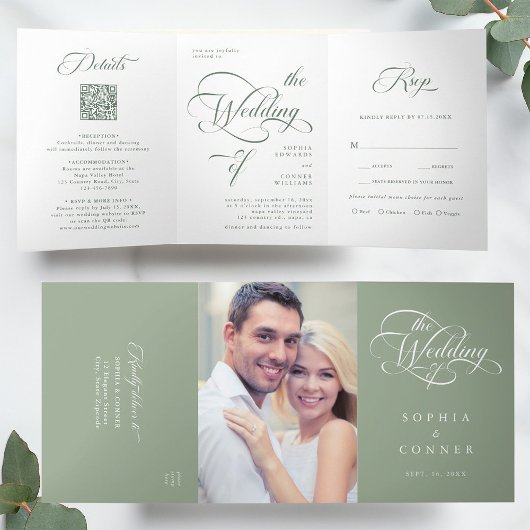 Sage Green Elegant Classy Calligraphy Wedding Dreifach Gefaltete Einladung