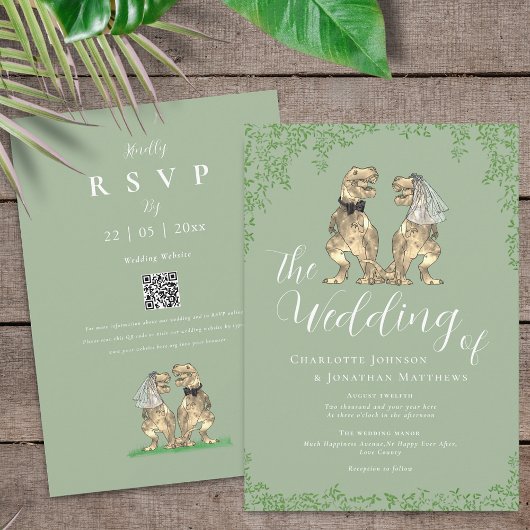 Sage Green Elegant Dinosaur Wedding QR Code Einladung