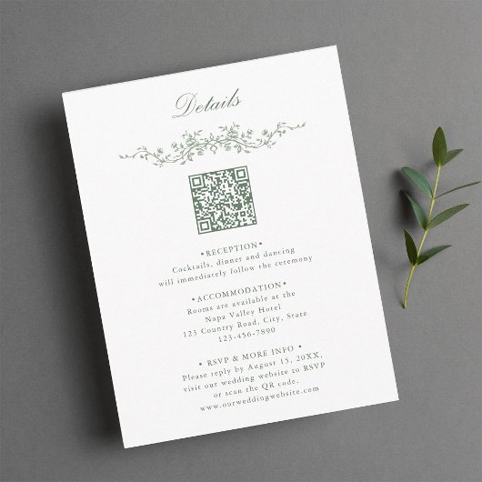 Sage Green Elegant Floral QR Code Hochzeitdetails Begleitkarte