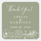 Sage Green Elegant Floral Wedding Vielen Dank Quadratischer Aufkleber (Vorderseite)