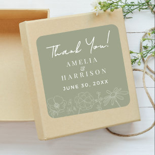 Sage Green Elegant Floral Wedding Vielen Dank Quadratischer Aufkleber