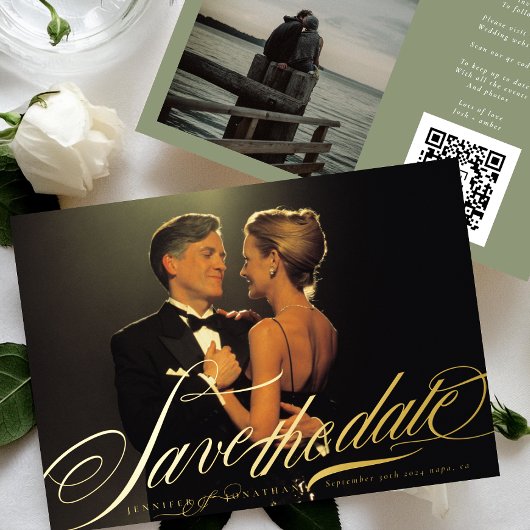 Sage Green Elegant Gold Calligraphy QR Code Foto Folieneinladung