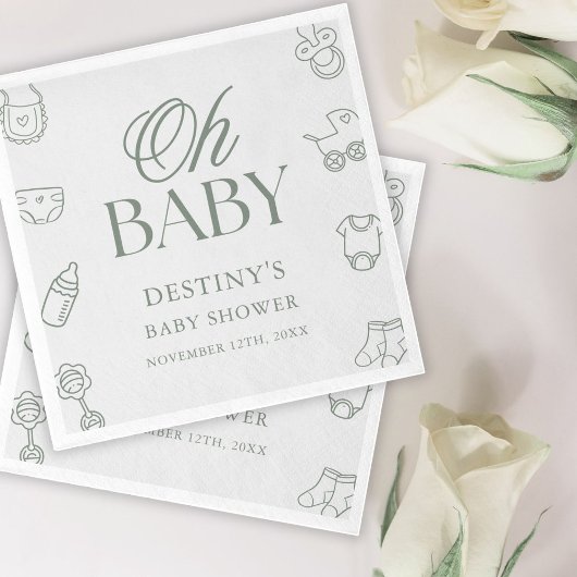 Sage Green Elegant Hand Drawn Baby Shower Serviette