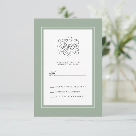Sage Green Elegant Hochzeit Antwort Chic Enclosure (Stehend Vorderseite)
