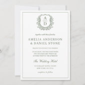 Sage Green Elegant Leafy Wappen Monogram Wedding Einladung (Vorderseite)