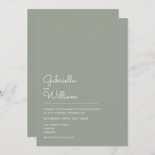 Sage Green Elegant Moderne Skripthochzeit Einladung (Vorne/Hinten)