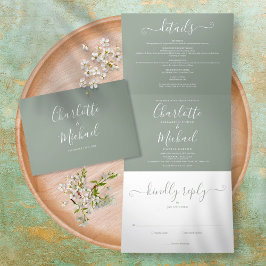 Sage Green Elegant Modernes Script Foto Hochzeit Dreifach Gefaltete Einladung