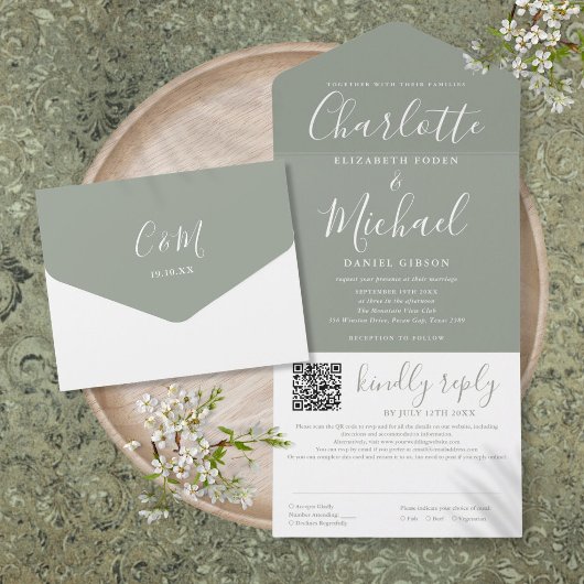 Sage Green Elegant Modernes Script QR Code Hochzei All In One Einladung