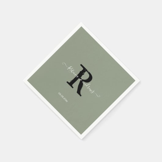 Sage Green Elegant Monogram Script Initial Wedding Serviette (Ecke)