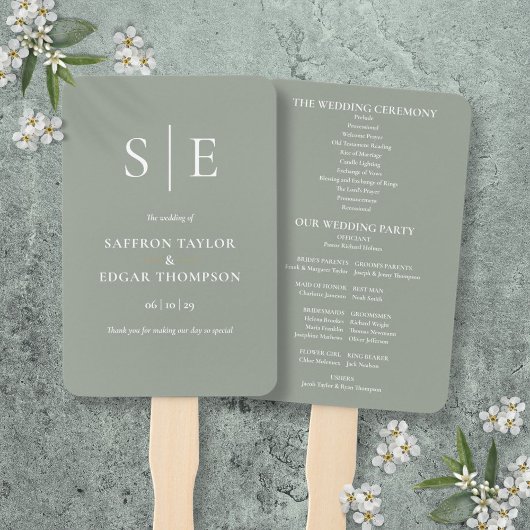Sage Green Elegant Monogram Wedding Program Fächer