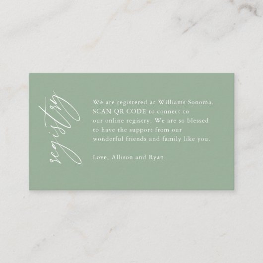 Sage Green Elegant QR Code Wedding Registry Gesche Begleitkarte (Vorderseite)