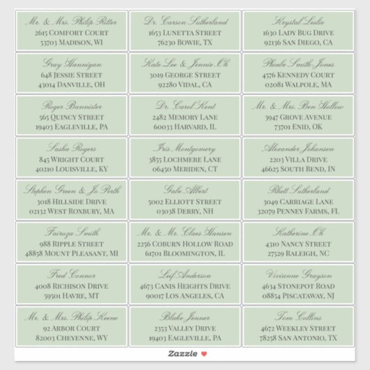 Sage Green Elegant Script 24 Wedding Guest Address Aufkleber (Blatt)