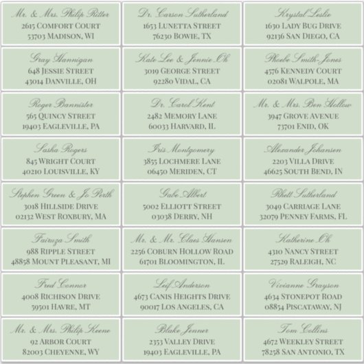 Sage Green Elegant Script 24 Wedding Guest Address Aufkleber (Vorderseite)