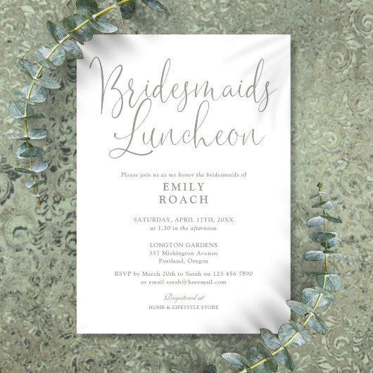 Sage Green Elegant Script Bridesmaids Luncheon Einladung