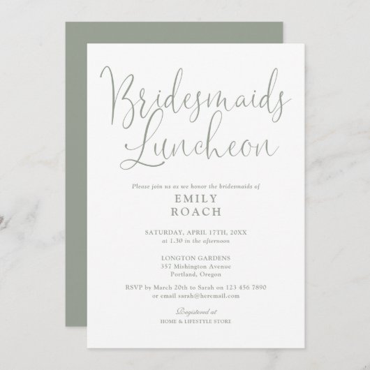Sage Green Elegant Script Bridesmaids Luncheon Einladung (Vorne/Hinten)