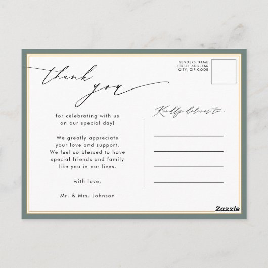 Sage Green Elegant Script Modern Wedding Vielen Da Postkarte (Rückseite)