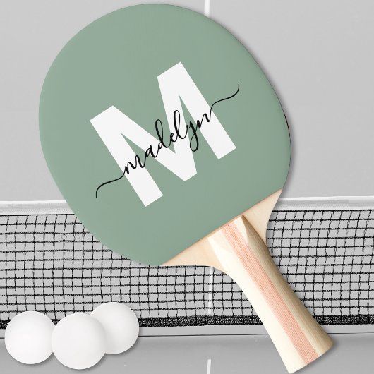Sage Green Elegant Script Name Monogram Tischtennis Schläger