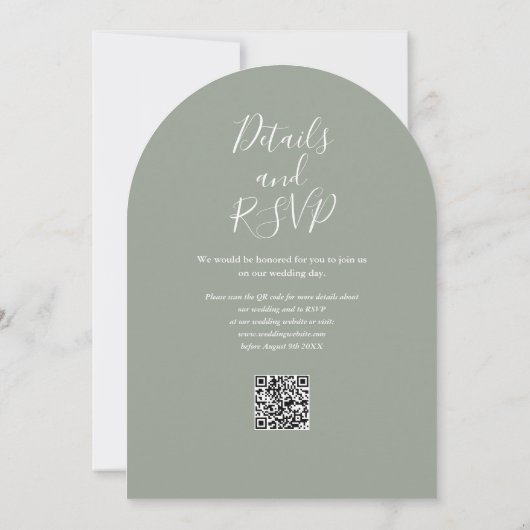 Sage Green Elegant Script QR Code Arch Wedding Einladung (Rückseite)