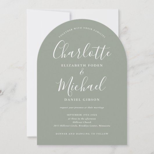 Sage Green Elegant Script QR Code Arch Wedding Einladung (Vorderseite)