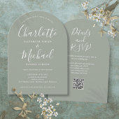 Sage Green Elegant Script QR Code Arch Wedding Einladung
