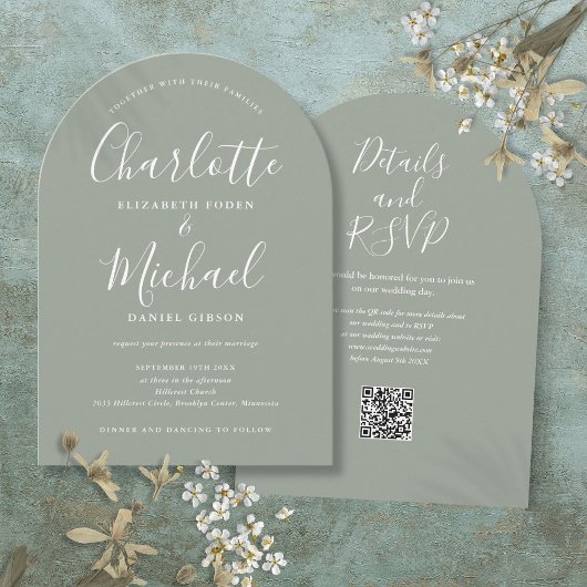 Sage Green Elegant Script QR Code Arch Wedding Einladung