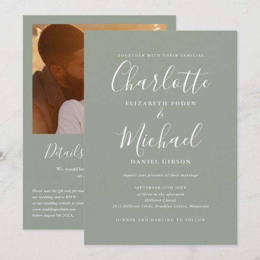 Sage Green Elegant Script QR Code Foto Hochzeit Einladung (Vorne/Hinten)