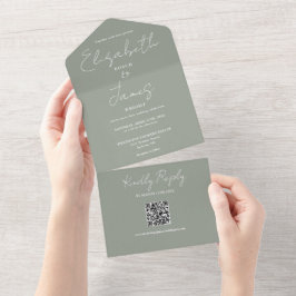 Sage Green Elegant Script QR Code Hochzeit All In One Einladung