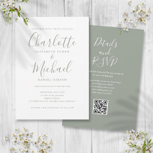 Sage Green Elegant Script QR Code Hochzeit Einladung