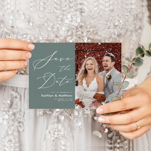 Sage Green Elegant Script Wedding Save the Date Ankündigungspostkarte