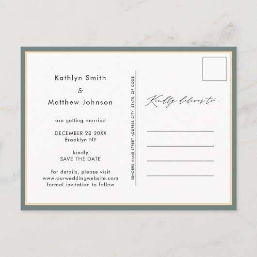 Sage Green Elegant Script Wedding Save the Date Ankündigungspostkarte (Rückseite)