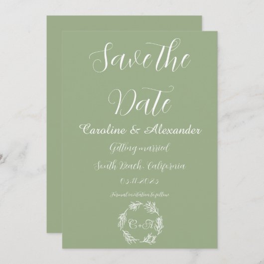 Sage Green Elegant Simple Floral Formal Wedding Save The Date (Vorne/Hinten)