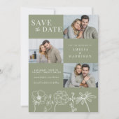 Sage Green Elegant Vier-Foto Hochzeit der Blumen Save The Date (Vorderseite)
