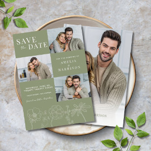 Sage Green Elegant Vier-Foto Hochzeit der Blumen Save The Date