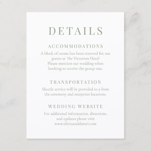 Sage Green Elegant Wedding Details Einladung (Vorderseite)