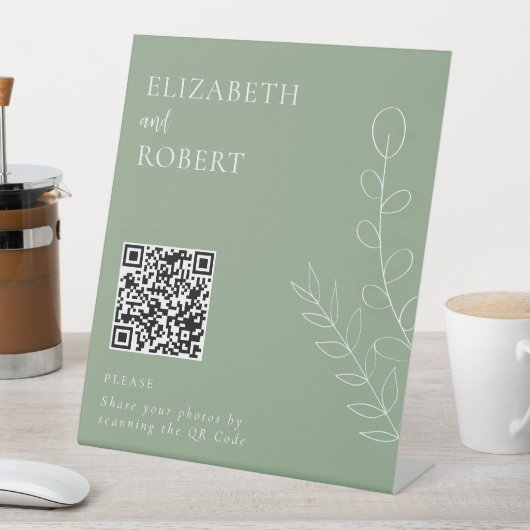 Sage Green Elegant Wedding Foto Share QR Code Sockelschild (In Situ)