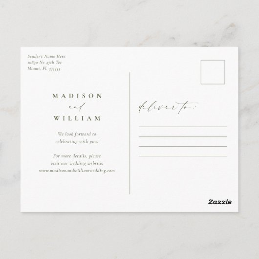 Sage Green Elegant Wedding Save the Date Postkarte (Rückseite)