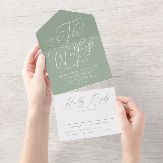 Sage Green Elegant Whimsical Calligraphy Wedding All In One Einladung (Abreißen)