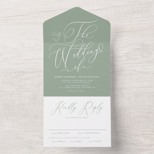 Sage Green Elegant Whimsical Calligraphy Wedding All In One Einladung (Innen Boden)