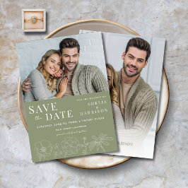 Sage Green Elegant Zwei-Foto-Hochzeit Save The Date
