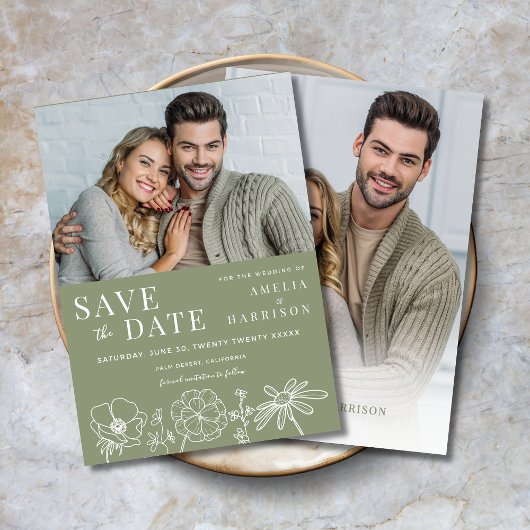 Sage Green Elegant Zwei-Foto-Hochzeit Save The Date