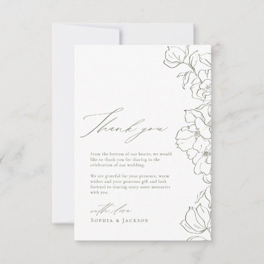 Sage Green Elegante handgezeichnete Blumenhochzeit Dankeskarte (Vorderseite)